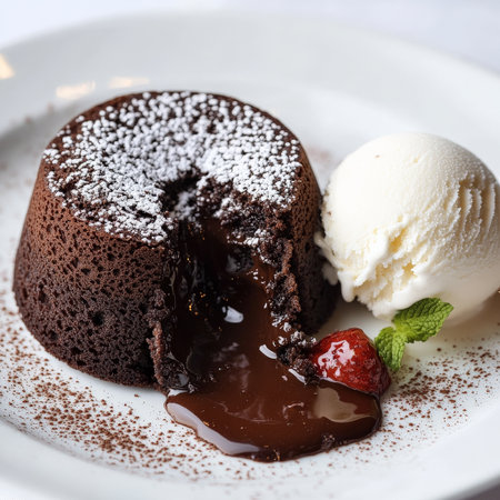A close-up of a chocolate lava cake, a decadent and warm French dessert, with a dark chocolate cake shell, encasing a gooey and molten chocolate center, that oozes out when sliced open, served warm with a scoop of vanilla ice cream, and a dusting of cocoa powder, showing the contrast between the warm cake and the cold ice cream, and the intense chocolate flavor, presented artfully on a dessert plate, and ready to be devoured, isolated on a clean white background.の素材