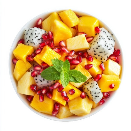 A bright, tropical fruit salad with a mix of juicy pineapple, mango, papaya, dragon fruit, and pomegranate seeds, garnished with fresh mint leaves. Isolated on clean white backgroundの素材
