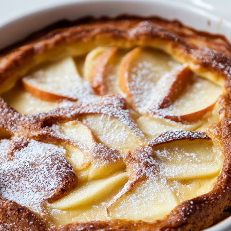 A close-up of a clafoutis aux pommes, a baked French dessert with apples, with a creamy custard batter, similar to a flan, and fresh apple slices, baked until golden brown and puffed, dusted with powdered sugar and served warm, showing the simplicity and warmth of a home-style French dessert, presented in a rustic baking dish, and ready to be shared, isolated on a clean white background.の素材