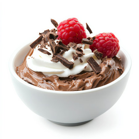A bowl of rich and creamy chocolate mousse, topped with whipped cream, dark chocolate shavings, and a fresh raspberry. A sophisticated dessert. Isolated on clean white backgroundの素材