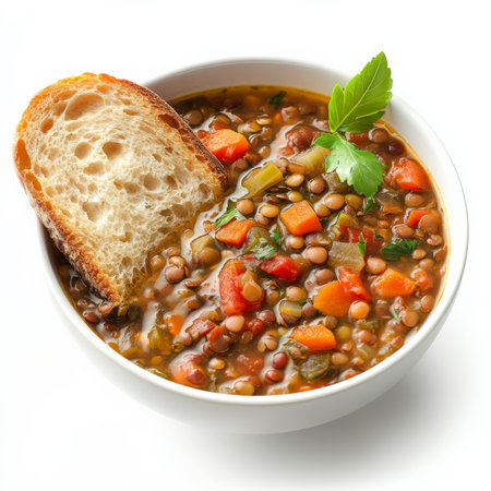 A bowl of hearty lentil soup with a mix of green and red lentils, diced vegetables, and aromatic spices, served with a slice of warm, crusty bread. Isolated on clean white backgroundの素材