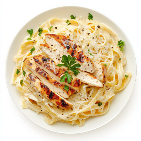 A classic Italian pasta dish featuring fettuccine coated in a rich, velvety Alfredo sauce. The pasta is topped with grilled chicken slices, freshly grated Parmesan cheese, and a sprinkle of parsley, making for a decadent meal. Isolated on clean white backgroundの素材