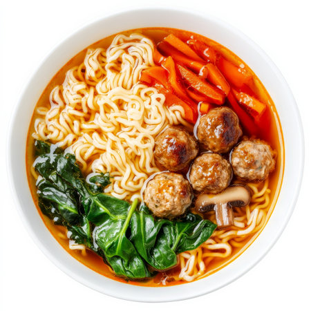 A bowl of Japanese ramen, transformed with the rich and savory flavors of Italian cuisine, featuring a rich broth, noodles, vegetables, and a variety of toppings, such as meatballs, mushrooms, and spinach, a unique and flavorful fusion of two classic noodle dishes, isolated on a clean white background.の素材
