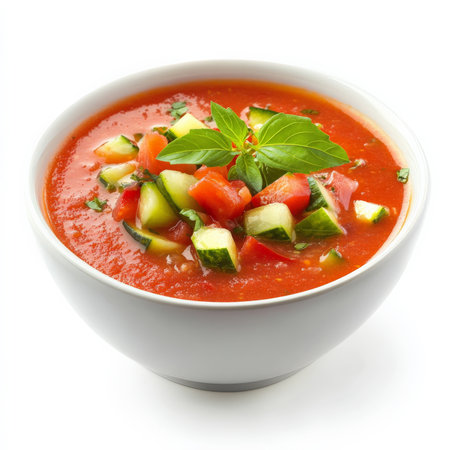 A bowl of fresh summer gazpacho, a chilled tomato-based soup with cucumber, bell peppers, and herbs, served with a drizzle of olive oil. A refreshing dish. Isolated on clean white backgroundの素材