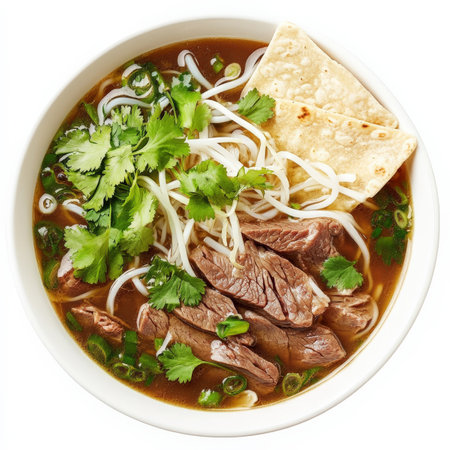 A bowl of Vietnamese pho, infused with the rich and creamy flavors of Mexican mole sauce, featuring a beef broth, rice noodles, thinly sliced beef, fresh herbs, and a side of warm tortillas for dipping, a flavorful and aromatic fusion dish, showing the blending of Eastern and Western cuisines, isolated on a clean white background.の素材