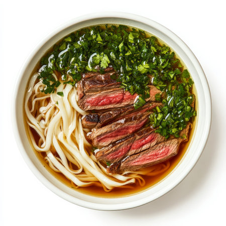 A bowl of Vietnamese pho, transformed with the smoky and savory flavors of Argentinian grilled meats, featuring a rich beef broth, rice noodles, thinly sliced grilled steak, fresh herbs, and a side of chimichurri sauce, a flavorful and aromatic fusion dish, showing the pairing of two distinct culinary traditions, isolated on a clean white background.の素材