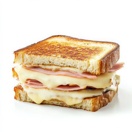 A classic French croque monsieur sandwich with crispy toasted bread, layers of ham and melted GruyÃÂ¨re cheese, topped with creamy bÃÂ©chamel sauce. A Parisian favorite. Isolated on clean white backgroundの素材