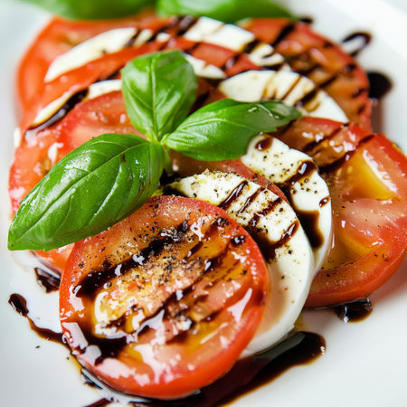 A close-up of a classic Caprese salad, featuring ripe tomatoes, fresh mozzarella cheese, and fragrant basil leaves, drizzled with olive oil and a balsamic glaze, artfully arranged on a white plate, isolated on clean white background.の素材