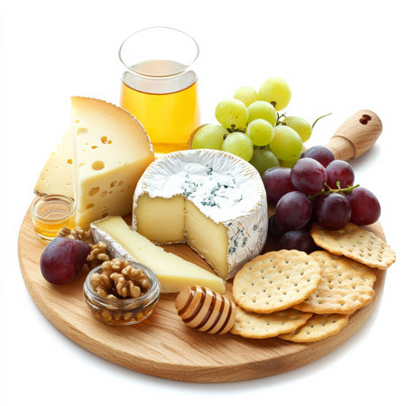 A classic cheeseboard featuring a selection of fine cheeses, including brie, gouda, and blue cheese, accompanied by grapes, walnuts, honey, and artisan crackers. A gourmet appetizer for wine lovers. Isolated on clean white backgroundの素材
