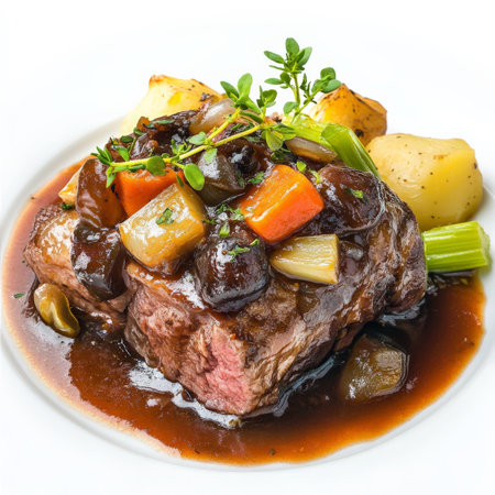 A close-up of a bÃâuf Ã la mode, beef marinated in red wine and braised with vegetables, such as carrots, celery, and onions, served with a rich sauce and a side of potatoes, a hearty and flavorful dish, showing the slow-cooking technique and the deep flavors, isolated on a clean white background.の素材
