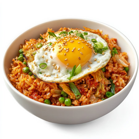 A bowl of spicy kimchi fried rice topped with a sunny-side-up egg, garnished with green onions and sesame seeds. A flavorful Korean dish. Isolated on clean white backgroundの素材