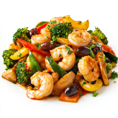 A close-up of a Chinese stir-fry, transformed with the fresh herbs and zesty flavors of Mediterranean cuisine, featuring chicken or shrimp, mixed vegetables, and a soy-based sauce infused with lemon, oregano, and olives, a vibrant and aromatic fusion dish, showing the pairing of Eastern and Western ingredients, isolated on a clean white background.の素材