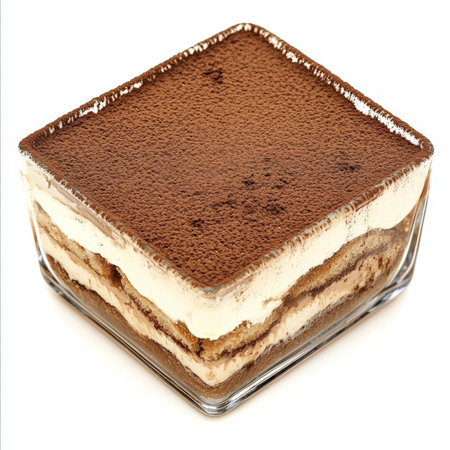 A close-up of a classic tiramisu dessert, with layers of espresso-soaked ladyfingers, creamy mascarpone filling, and a dusting of cocoa powder, served in a glass dish to showcase the layers, isolated on clean white background.の素材