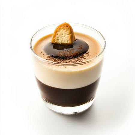 A close-up of a delicate panna cotta with espresso, a smooth and creamy Italian dessert, flavored with vanilla and topped with a shot of strong espresso, served in a small glass and garnished with a biscotto, isolated on clean white background.の素材