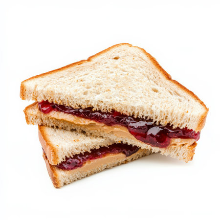 A classic peanut butter and jelly sandwich with thick slices of toasted bread, creamy peanut butter, and sweet grape jelly, cut diagonally. A nostalgic childhood favorite. Isolated on clean white backgroundの素材