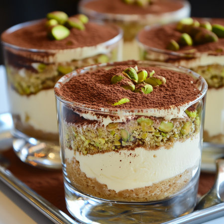 A close-up of a creamy tiramisu al pistacchio dessert, a modern and flavorful twist on the classic Italian tiramisu, with layers of espresso-soaked ladyfingers or savoiardi biscuits, and a rich and creamy mascarpone filling, infused with the nutty and vibrant flavor of pistachios, dusted with cocoa powder and crushed pistachios, and served in individual glass dishes, showing the layers of flavor, the rich cream, and the crunchy pistachios, ready to be devoured with a spoon, and presented beautifully on a serving tray, isolated on a clean white background.の素材