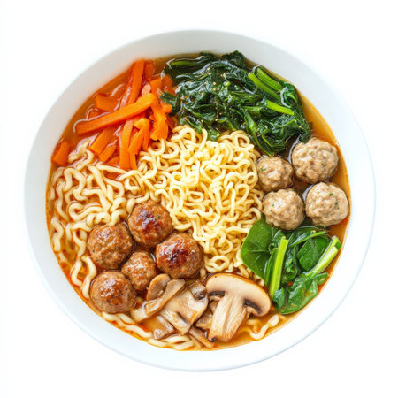 A bowl of Japanese ramen, transformed with the rich and savory flavors of Italian cuisine, featuring a rich broth, noodles, vegetables, and a variety of toppings, such as meatballs, mushrooms, and spinach, a unique and flavorful fusion of two classic noodle dishes, isolated on a clean white background.の素材