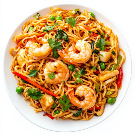 A close-up of a Chinese noodle dish, reinvented with the fresh herbs and zesty flavors of Mediterranean cuisine, featuring egg noodles, shrimp or chicken, mixed vegetables, and a soy-based sauce infused with lemon, garlic, and parsley, a vibrant and aromatic fusion dish, showing the pairing of Eastern and Western ingredients and noodle preparations, isolated on a clean white background.の素材