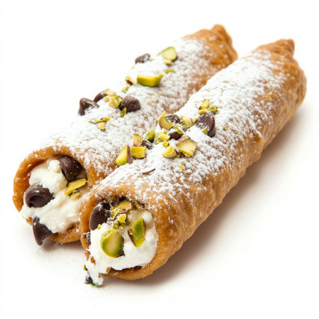 A close-up of a creamy cannoli pastry, with a crispy shell filled with sweetened ricotta cheese and chocolate chips, dusted with powdered sugar and garnished with pistachios, a classic Sicilian dessert, isolated on clean white background.の素材