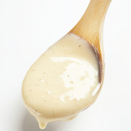 A close-up of a delicate and complex sauce, perhaps a demi-glace or bÃÂ©arnaise, served with a spoon or a small brush to emphasize its texture and sheen, the artistry of sauce making, a fundamental element of haute cuisine, isolated on clean white background.の素材