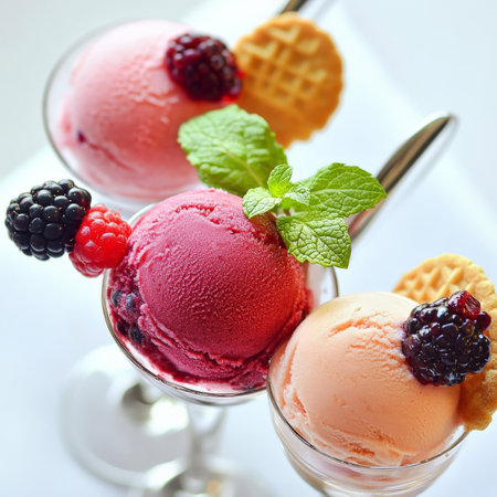 A close-up of a refreshing sorbet trio dessert, featuring three scoops of different French fruit sorbets, such as raspberry sorbet, lemon sorbet, and blackcurrant sorbet, served in a trio of elegant glasses, and garnished with fresh mint leaves, a few fresh berries, and a tuile cookie, showing the bright and natural colors of the fruit, and the intense, clean, and refreshing flavor of each sorbet, perfect for cleansing the palate between courses, or enjoying as a light and delightful end to a meal, and ready to be enjoyed with a spoon, isolated on a clean white background.の素材