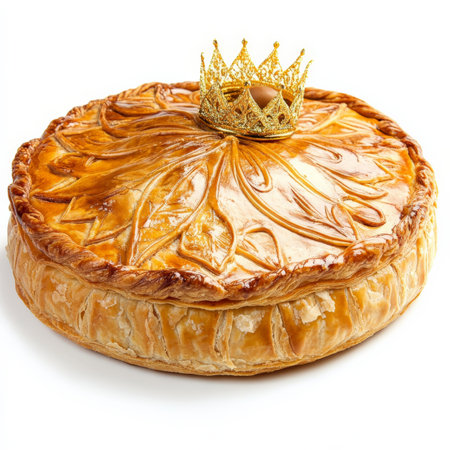 A close-up of a galette des Rois, a traditional French pastry served during the Epiphany, with a flaky puff pastry filled with frangipane (almond cream), and a hidden fÃÂ¨ve (bean), decorated with intricate patterns and a golden crown, showing the festive and decorative presentation, isolated on a clean white background.の素材