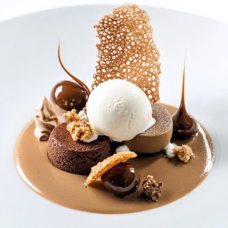 A close-up of a meticulously plated dessert that plays with contrasting textures and temperatures: perhaps a warm chocolate cake with a cold scoop of ice cream, a crispy tuile alongside a smooth mousse, or a crackling caramel shard with a creamy crÃÂ¨me anglaise, creating a dynamic and exciting sensory experience, and highlighting the artistry of dessert creation, and the attention to detail, ready to be enjoyed as a grand finale, isolated on a clean white background.の素材