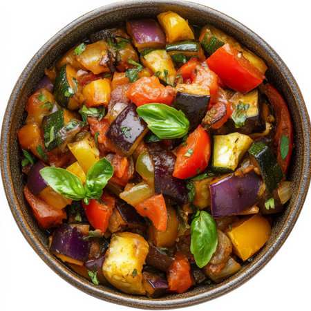 A close-up of a classic ratatouille, a colorful vegetable stew with eggplant, zucchini, bell peppers, tomatoes, onions, and herbs, simmered until tender and flavorful, served in a rustic bowl, showing the vibrant colors and the fresh taste of summer vegetables, isolated on clean white background.の素材