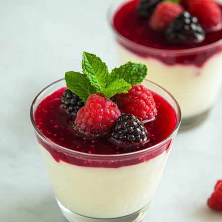 A close-up of a creamy panna cotta aux fruits rouges dessert, a smooth and delicate Italian dessert, adopted by French cuisine, made with heavy cream, sugar, gelatin, and vanilla, served in individual glasses or ramekins, and topped with a fresh and vibrant red berry coulis, made from raspberries, strawberries, and blackcurrants, and a sprig of fresh mint, showing its elegant presentation, and the contrasting colors and flavors, reminiscent of a French bistro setting, and ready to be enjoyed as a light and refreshing ending to a rich meal, isolated on a clean white background.の素材
