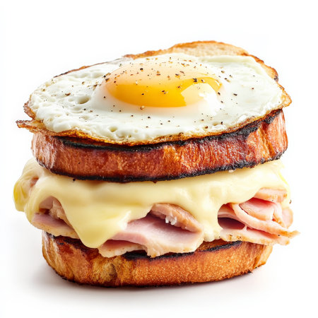 A close-up of a croque madame, a hot ham and cheese sandwich similar to a croque monsieur, but topped with a fried egg, with crusty bread, ham, GruyÃÂ¨re cheese, bÃÂ©chamel sauce, and a perfectly cooked fried egg, showing the rich flavors and the indulgent touch, isolated on a clean white background.の素材