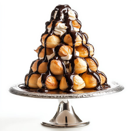 A close-up of a profiterole tower, a towering stack of small cream puffs, filled with vanilla pastry cream and drizzled with chocolate sauce, a festive and impressive French dessert, perfect for celebrations, showcasing the delicate pastry and the decadent chocolate, presented on a silver platter, and ready to be served, isolated on a clean white background.の素材