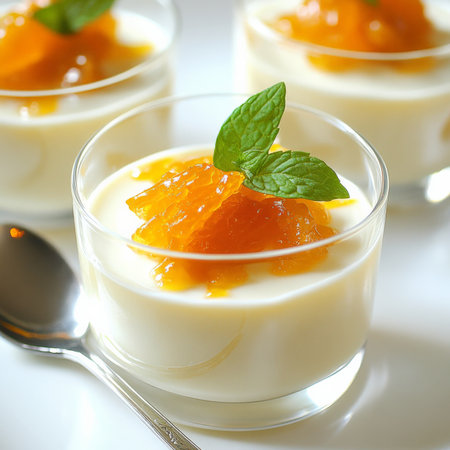 A close-up of a creamy panna cotta alla vaniglia e arancia dessert, a smooth and delicate Italian dessert, made with heavy cream, sugar, and gelatin, infused with the classic flavors of vanilla and orange zest, and served in individual glasses or ramekins, topped with a drizzle of orange syrup, a sprinkle of candied orange peel, and fresh mint leaves, showing its delicate aroma and the harmonious blend of flavors, presented beautifully with a spoon, and ready to be ending enjoyed as a light and refreshing to a meal, isolated on a clean white background.の素材