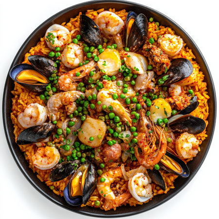 A close-up of a Spanish paella, reinvented with the fiery flavors of Korean cuisine, featuring saffron-infused rice, a medley of seafood and meat, gochujang paste, kimchi, and a sprinkle of gochugaru (Korean chili powder), a bold and flavorful take on a Spanish classic, isolated on a clean white background.の素材