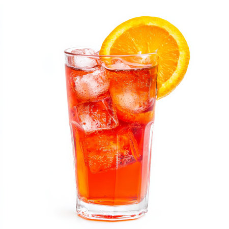 A close-up of a refreshing Campari and soda cocktail, a classic Italian aperitif, made with Campari, soda water, and a splash of orange juice, served in a tall glass with ice and an orange slice, perfect for a pre-dinner drink to stimulate the appetite, isolated on clean white background.の素材