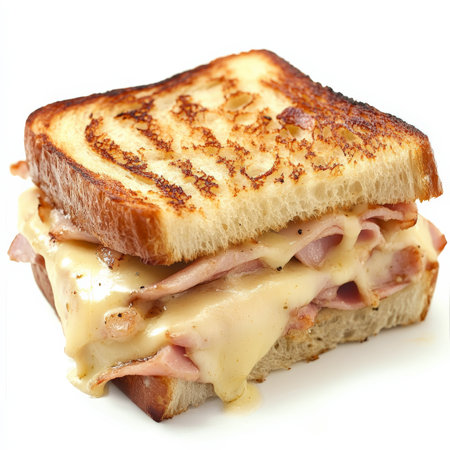 A close-up of a croque monsieur, a hot ham and cheese sandwich, with crusty bread, ham, GruyÃÂ¨re cheese, and bÃÂ©chamel sauce, grilled until golden brown and bubbly, served with a side of Dijon mustard, a classic French bistro snack, isolated on clean white background.の素材