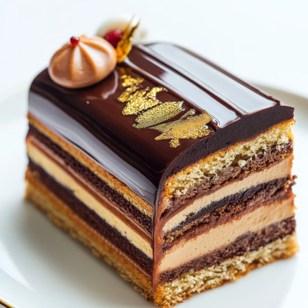 A close-up of a decadent OpÃÂ©ra cake, a classic French pastry, with layers of almond sponge cake, coffee buttercream, and chocolate ganache, all soaked in a coffee syrup, and topped with a shiny chocolate glaze and intricate gold leaf decorations, showing the complexity and the elegance of French patisserie, served sliced on a dessert plate, and accompanied by a scoop of vanilla ice cream, or a raspberry coulis, ready to be savored as a rich and satisfying sweet treat, isolated on a clean white background.の素材