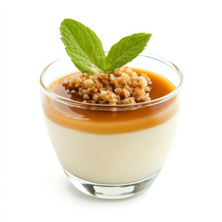 A close-up of a creamy panna cotta with caramel sauce, a smooth and delicate Italian dessert, flavored with vanilla and topped with a rich and buttery caramel sauce, served in a small glass and garnished with a sprig of mint and a crumble, isolated on clean white background.の素材