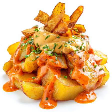 A close-up of a Spanish tapas dish, transformed with the vibrant colors and fresh flavors of Peruvian cuisine, featuring patatas bravas, topped with aji amarillo sauce, rocoto pepper aioli, and crispy plantain chips, a bold and flavorful take on a Spanish classic, isolated on a clean white background.の素材