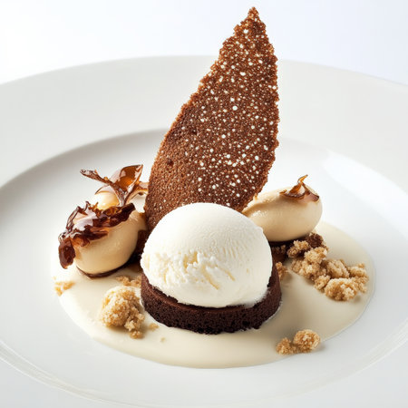 A close-up of a meticulously plated dessert that plays with contrasting textures and temperatures: perhaps a warm chocolate cake with a cold scoop of ice cream, a crispy tuile alongside a smooth mousse, or a crackling caramel shard with a creamy crÃÂ¨me anglaise, creating a dynamic and exciting sensory experience, and highlighting the artistry of dessert creation, and the attention to detail, ready to be enjoyed as a grand finale, isolated on a clean white background.の素材