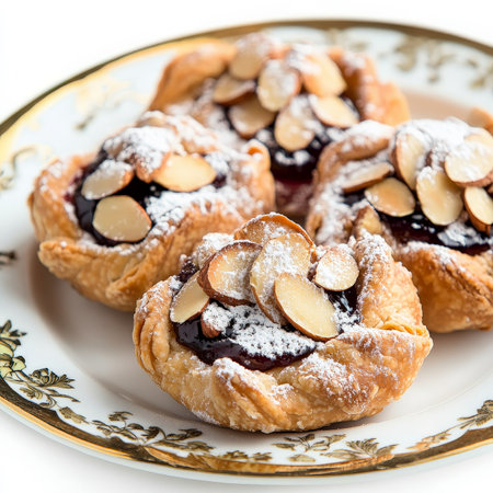 A close-up of a sweet and nutty bocconotti dessert, small Italian pastries from Abruzzo, with a shortcrust pastry shell filled with grape jam, toasted almonds, and cocoa powder, baked until golden brown and dusted with powdered sugar, arranged attractively on a plate, perfect for a sweet treat with coffee, isolated on clean white background.の素材