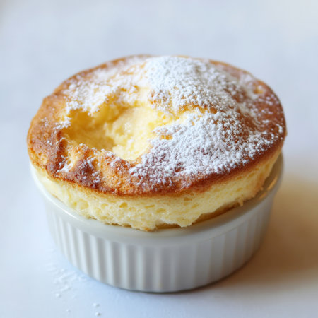 A close-up of a soufflÃÂ© Grand Marnier, a light and airy soufflÃÂ©, flavored with Grand Marnier liqueur, made with eggs, milk, flour, sugar, and Grand Marnier, baked until puffed and golden brown, and served hot in a ramekin, dusted with powdered sugar, and showing the citrusy and boozy aroma, and the delicate texture, isolated on a clean white background.の素材