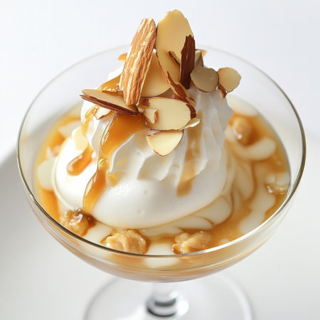 A close-up of a ÃÂ®le flottante, a floating island dessert, with a light and airy meringue floating in a creamy custard sauce, topped with caramel and almonds, served in a glass dish, showing the whimsical presentation and the delicate flavors, isolated on a clean white background.の素材