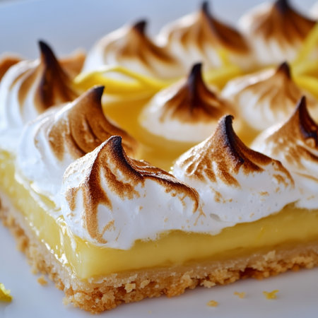 A close-up of a refreshing tarte au citron meringuÃÂ©e, a French lemon tart, with a buttery and crumbly pastry crust, filled with a tangy and creamy lemon filling, and topped with a light and airy meringue, torched to a golden brown hue, showing the contrast of textures and flavors, and the bright citrusy taste, served sliced on a dessert plate, and garnished with a lemon zest curl, ready to be enjoyed, isolated on a clean white background.の素材