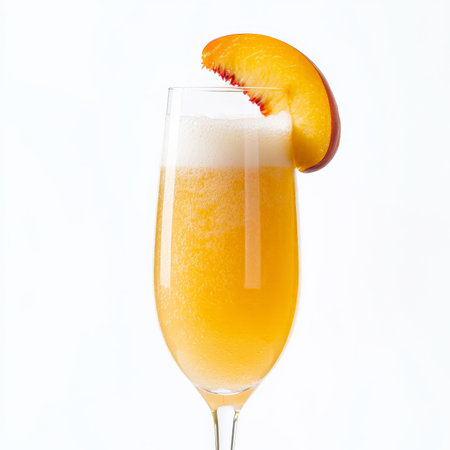 A close-up of a refreshing bellini cocktail, a classic Italian drink, made with Prosecco and peach purÃÂ©e, served in a flute glass and garnished with a peach slice, perfect for a celebratory toast, isolated on clean white background.の素材
