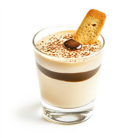 A close-up of a delicate panna cotta with espresso, a smooth and creamy Italian dessert, flavored with vanilla and topped with a shot of strong espresso, served in a small glass and garnished with a biscotto, isolated on clean white background.の素材