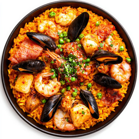 A close-up of a Spanish paella, reinvented with the fiery flavors of Korean cuisine, featuring saffron-infused rice, a medley of seafood and meat, gochujang paste, kimchi, and a sprinkle of gochugaru (Korean chili powder), a bold and flavorful take on a Spanish classic, isolated on a clean white background.の素材