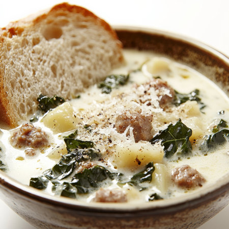 A close-up of a creamy zuppa toscana soup, a hearty Italian soup with sausage, kale, potatoes, and cream, simmered until thick and flavorful, garnished with grated parmesan cheese and crusty bread, served in a rustic bowl, isolated on clean white background.の素材