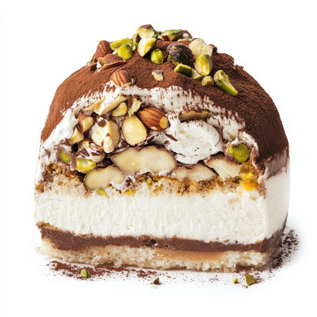 A close-up of a sweet and nutty zuccotto semifreddo dessert, a semi-frozen Italian dessert, shaped like a dome, made with layers of sponge cake, chocolate ganache, whipped cream, hazelnuts, and pistachios, dusted with cocoa powder and served sliced, a classic Florentine treat, showcasing the layers and colors, isolated on clean white background.の素材