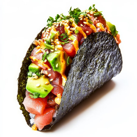 A close-up of a sushi taco, with crispy nori seaweed acting as the taco shell, filled with fresh sashimi, avocado, pickled ginger, and a spicy aioli, garnished with a sprinkle of sesame seeds and cilantro, a playful and unexpected marriage of Japanese and Mexican cuisines, isolated on a clean white background.の素材