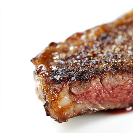 A close-up on a perfectly caramelized crust on a protein, like a seared steak or a roasted piece of meat, showing the Maillard reaction and the importance of temperature and timing, highlighting the chef's expertise in achieving optimal flavor and texture, and emphasizing the beauty of the culinary process, isolated on clean white background.の素材